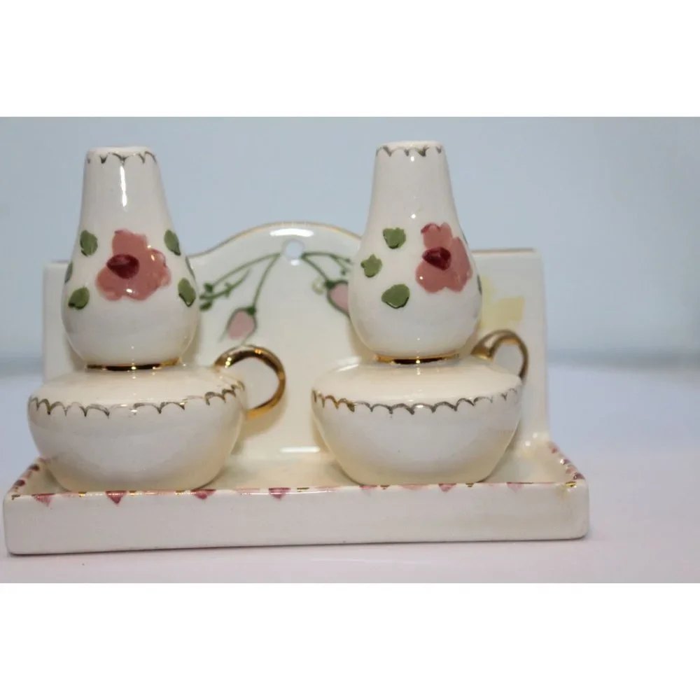 Salt & Pepper Shakers - Vintage Poinsettia Studios CA Ceramic Lanterns & Tray